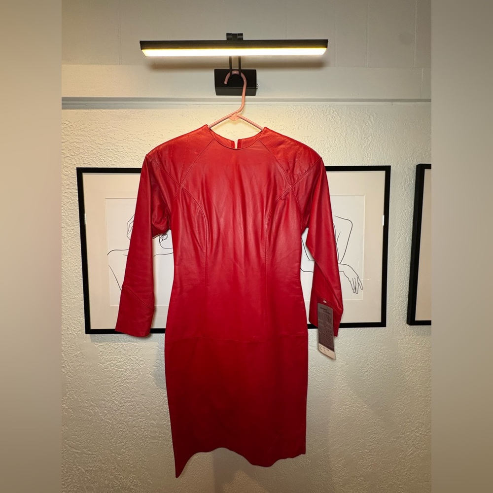 80’s Vintage Red Leather Long-sleeved MIDI Dress- Never Been Worn